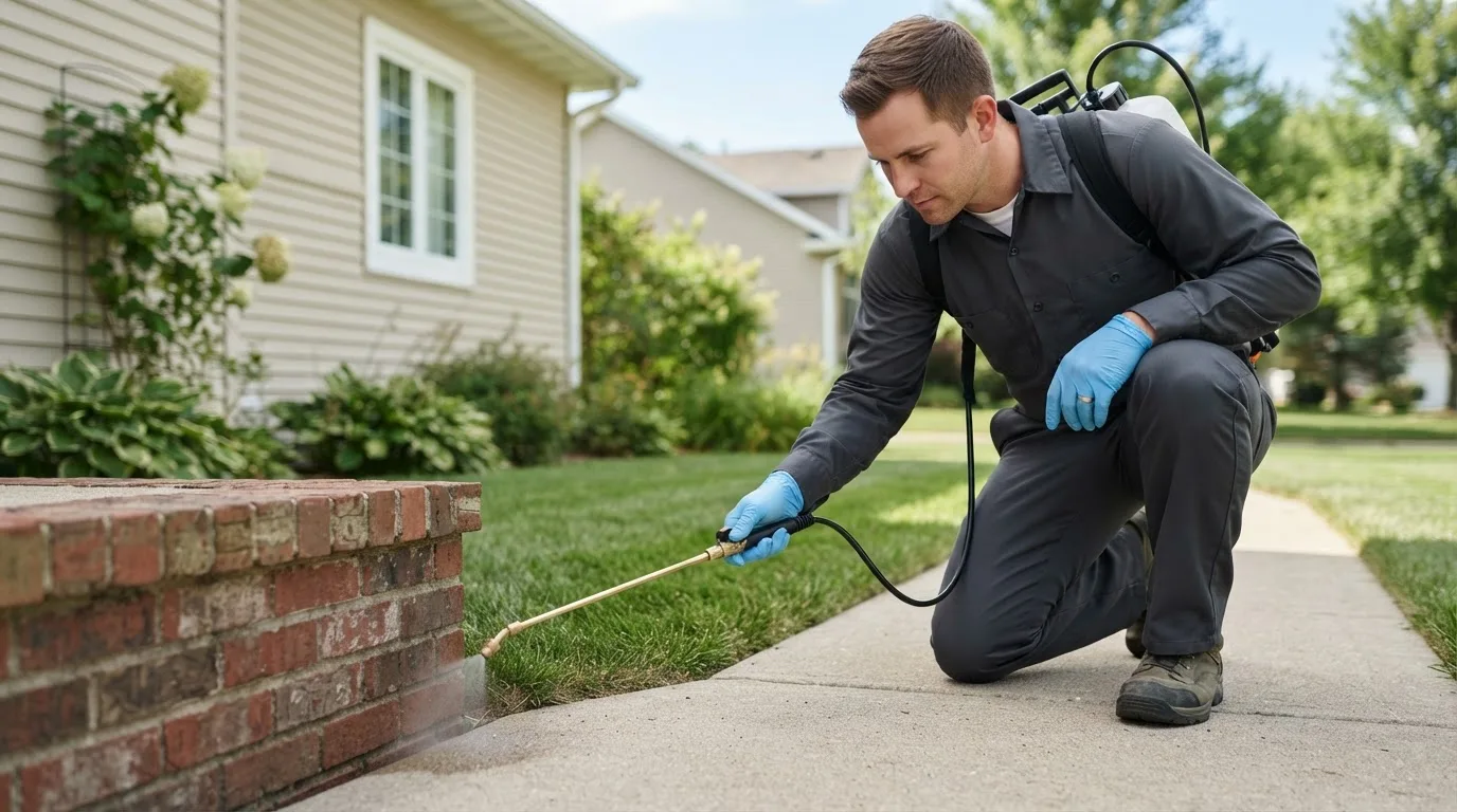 Pest control technician treating a home near Marshfield, VT
