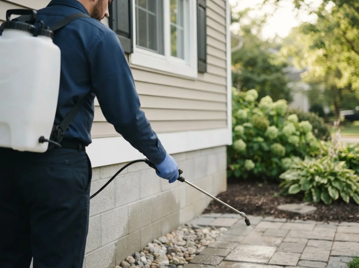Pest control technician inspecting a home in Marshfield, VT